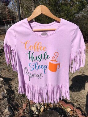 Upcycled Summer Shirt, Hustle Graphics Coffee Themed Edgy Fringy Top, Sz Medium